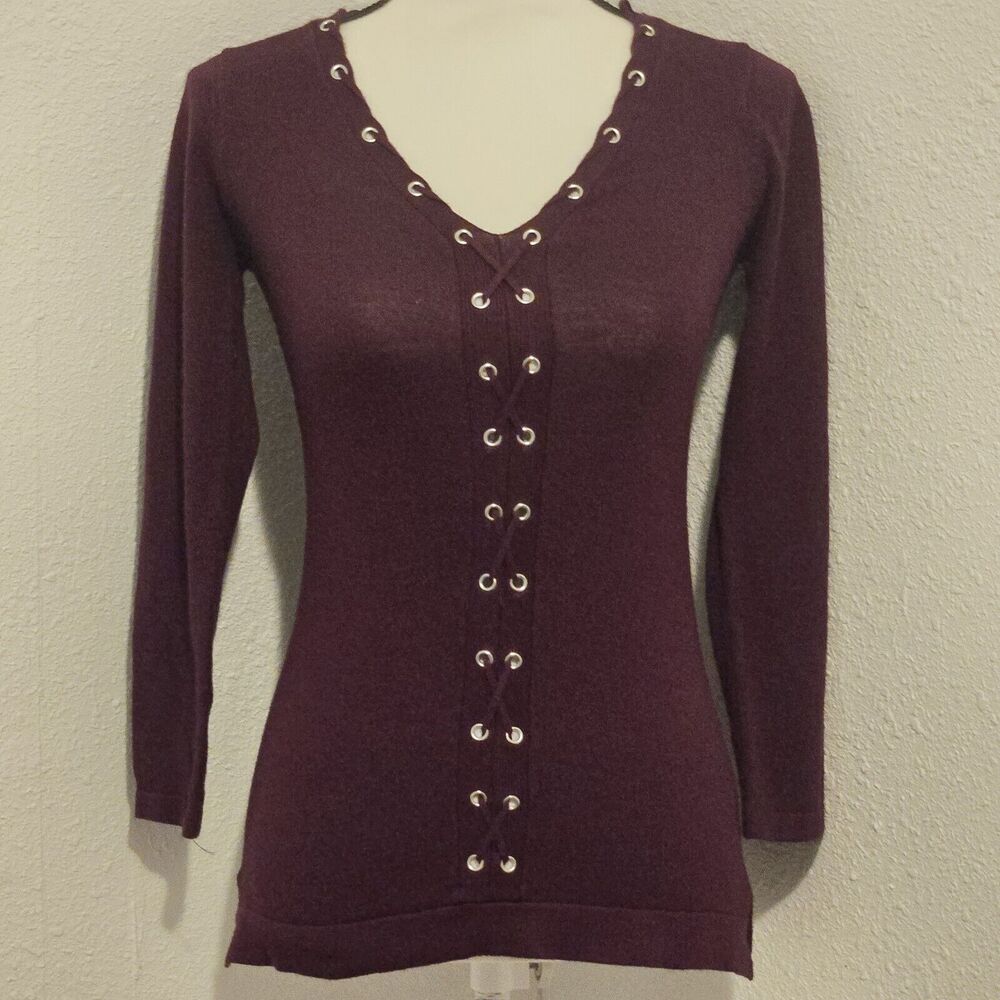 Venus V-neck Burgundy Long Sleeve Criss-Cross Middle Sweater Top Size XS